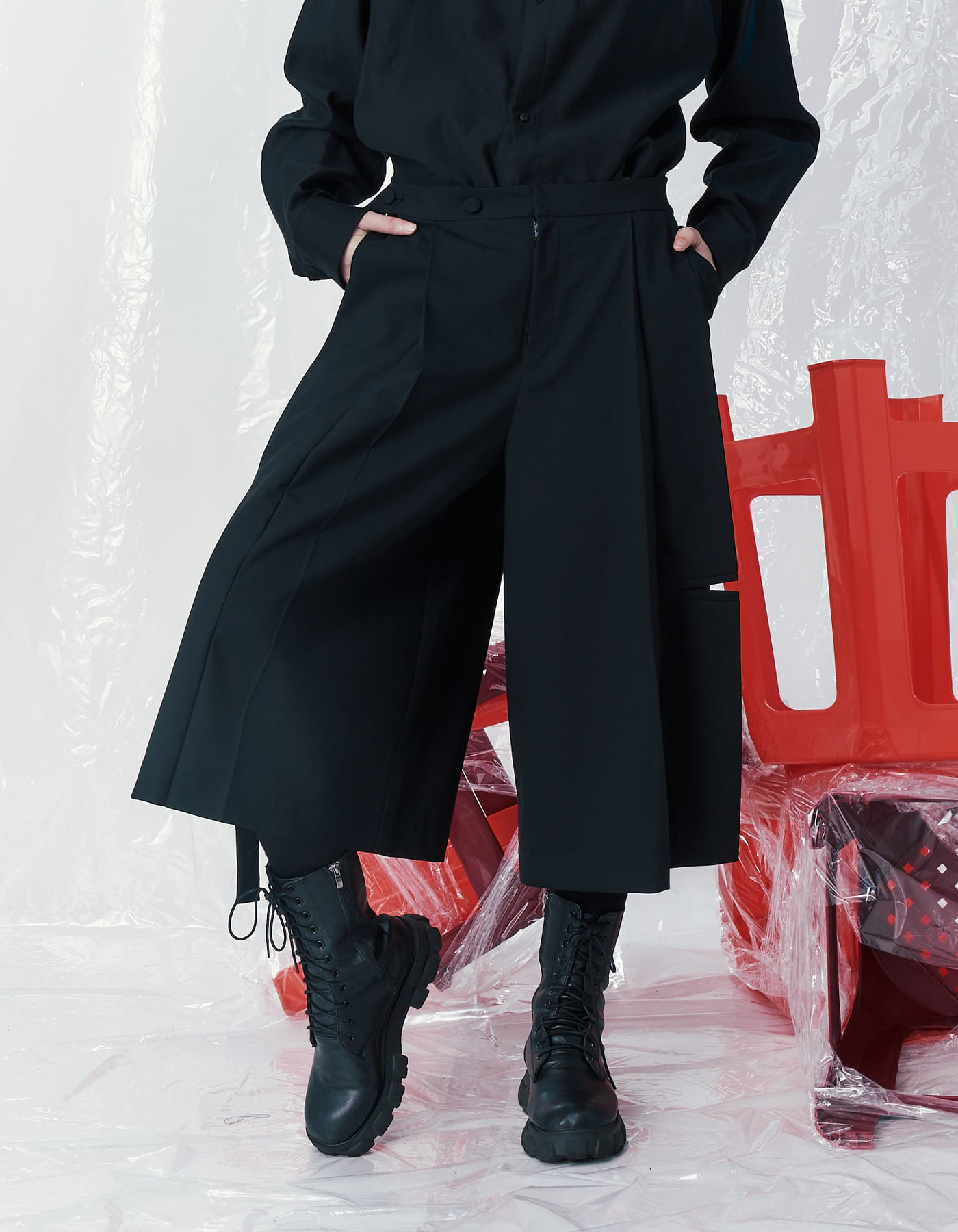 INF Deconstructed Pleat Japanese-Style Short Wide Pants — INF